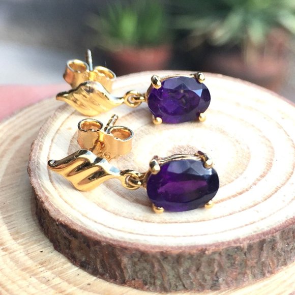 Natural Amethyst Gold Plated Earrings Post Dangles - Picture 15 of 15